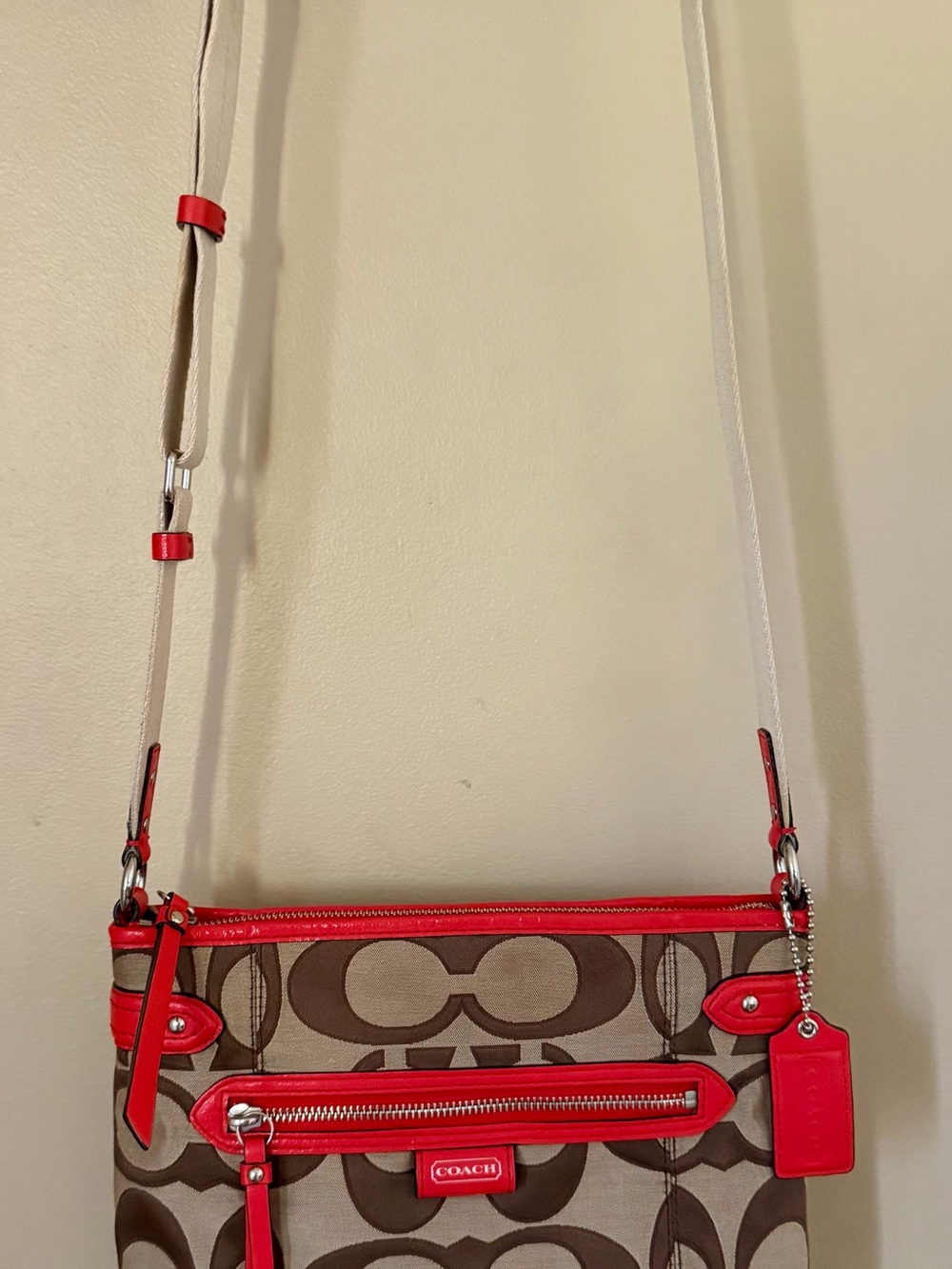 Coach Brown Logo Crossbody with Red Trim